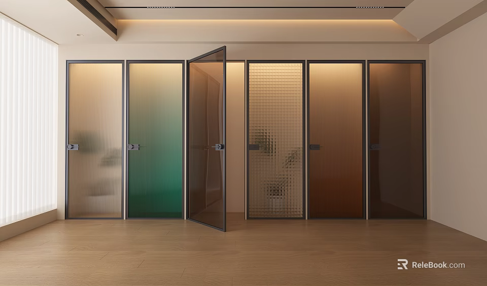 Modern Interior Glass Swing Doors Featuring Various Gradient Colors And Grid Patterns 3d model 