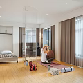 Spacious Modern Bedroom With Bed Yoga Practice Piano Wooden Flooring And Floor To Ceiling Windows