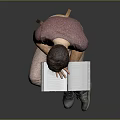 Man Sitting On Wooden Stool Reading Book In Purple T-Shirt And Khaki Pants