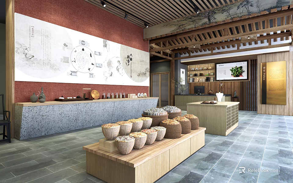 Traditional Tea Shop Interior With Red Brick Wall And Clay Jars On Wooden Shelves 3d model 