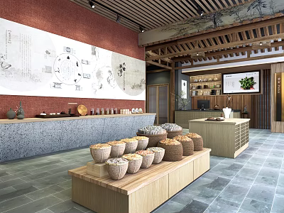 Traditional Tea Shop Interior With Red Brick Wall And Clay Jars On Wooden Shelves 3d model