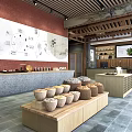 Traditional Tea Shop Interior With Red Brick Wall And Clay Jars On Wooden Shelves