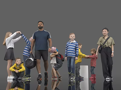 Group of People Including Adults And Children Interacting On Gray Background With Reflective Floor 3d model