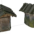 Rustic Wooden Cabins with Weathered Shingle Roofs and Tree Trunk Bases Covered in Moss