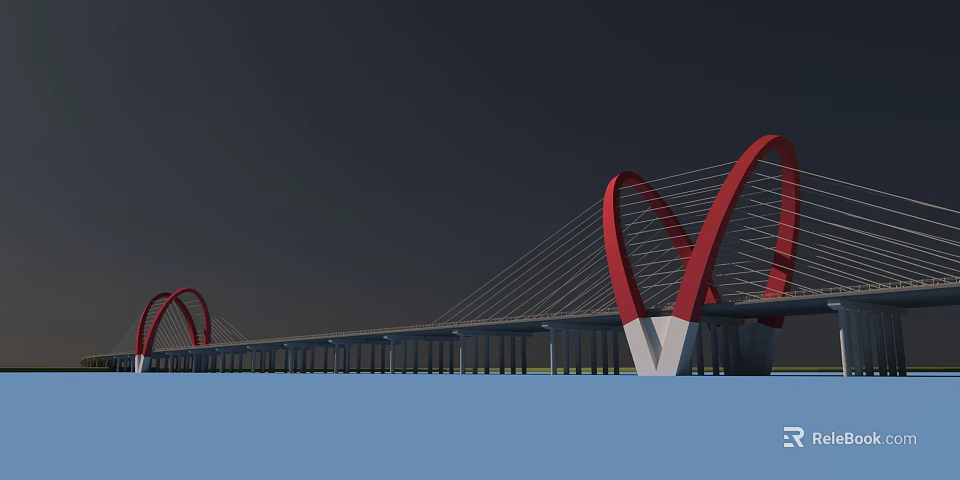 Red Twin Arches Cable Stayed Bridge With Modern Structure Over Calm Water Surface 3d model