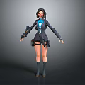 Sci Fi Female Character With Black Coat Short Skirt Boots And Blue Accents Gear