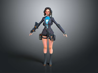 Sci Fi Female Character With Black Coat Short Skirt Boots And Blue Accents Gear 3d model