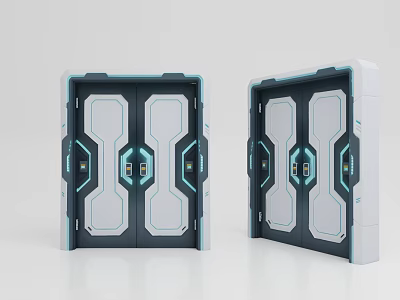 Modern Sci Fi Inspired Double Doors With Gray White Panels And Blue Accent Lines 3d model