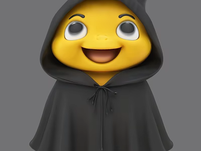 Plush Doll With Yellow Face Big Eyes Smiling Mouth And Black Hooded Cloak With Drawstring 3d model