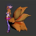 Fantasy Game Character With Fox Ears Orange Tails Purple Pink Outfit And Transparent Magic Orb