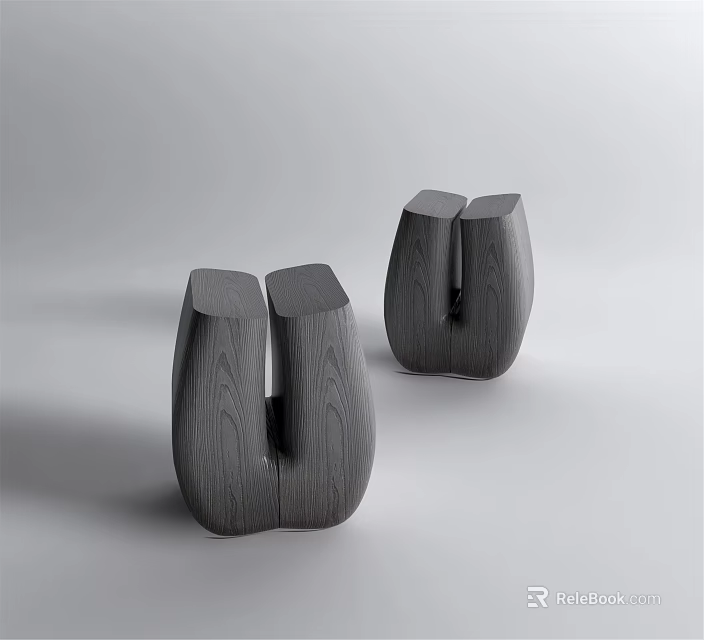 Two Black Wooden Stools With Unique Wood Grain And Modern Design In Minimalist Setting 3d model 