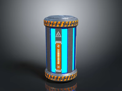 Cylindrical Device With Blue Stripes C X Symbols Yellow Triangular Warning Sign And Orange Bands 3d model