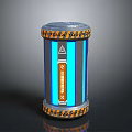 Cylindrical Device With Blue Stripes C X Symbols Yellow Triangular Warning Sign And Orange Bands