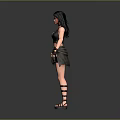Woman In Black Tank Top With Heroin Text Black Skirt And Strappy Sandals On Gray Background
