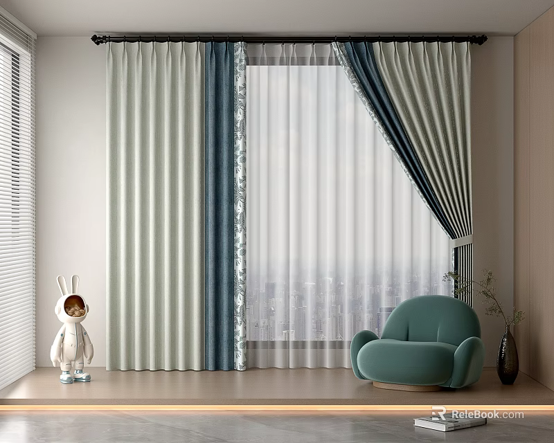 Light Green And Dark Blue Double Layer Curtains With Sheer Panel In Living Room 3d model 
