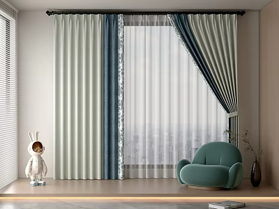 Light Green And Dark Blue Double Layer Curtains With Sheer Panel In Living Room 3d model