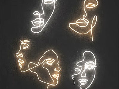 Four Face Outline Linear Decorative Lights with Warm White Glow on Black Background 3d model