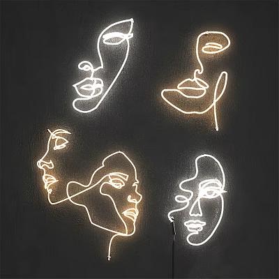 Four Face Outline Linear Decorative Lights with Warm White Glow on Black Background 3d model