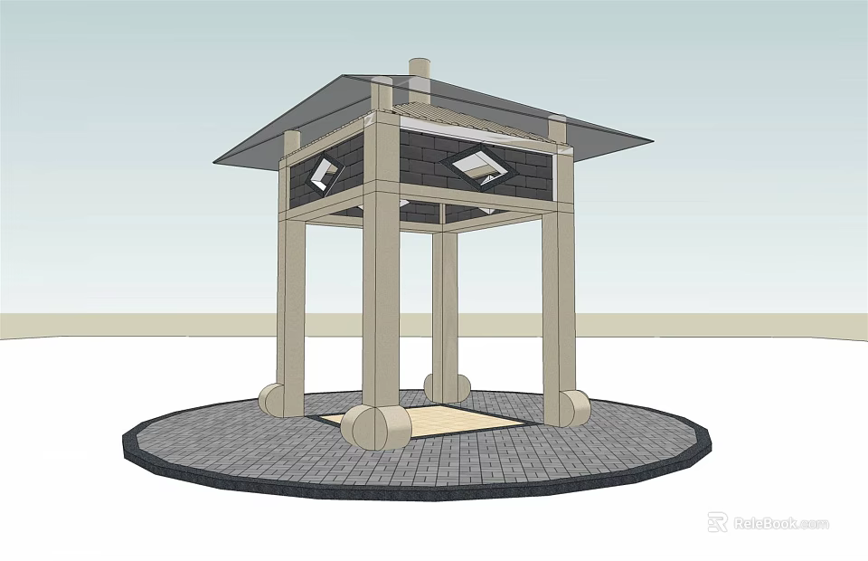 Modern Pavilion Architectural Design With Circular Brick Stone Base Light Columns And Black Roof 3d model 