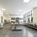 Commercial Kitchen Interior With Stainless Steel Range Hood Worktables Shelves And Tiled Walls