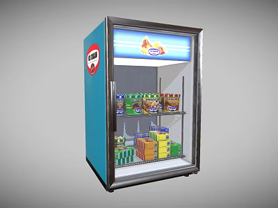 Blue Glass Door Display Refrigerator with Illuminated Top Sign and Inside Canned Boxed Foods 3d model