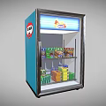 Blue Glass Door Display Refrigerator with Illuminated Top Sign and Inside Canned Boxed Foods