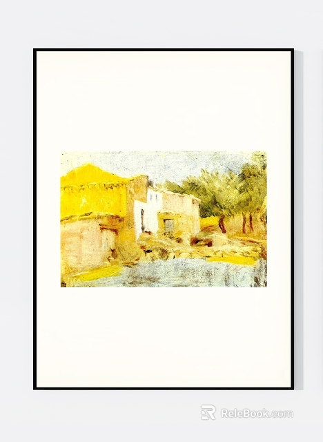 Sunlit Rural Landscape Painting With Yellow Buildings Green Trees And Stone Path 3d model 