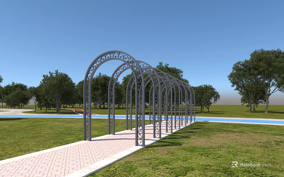 Elegant Metal Arched Garden Ornament Along Brick Path With Grassland Trees And Pool 3d model 