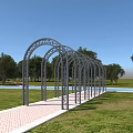 Elegant Metal Arched Garden Ornament Along Brick Path With Grassland Trees And Pool