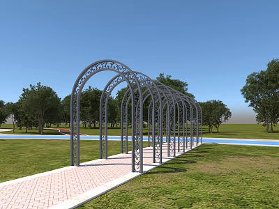 Elegant Metal Arched Garden Ornament Along Brick Path With Grassland Trees And Pool 3d model