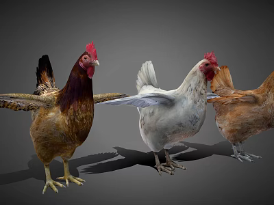 Three Colorful Chickens Standing With Spread Wings Against Gray Background Feathers And Red Combs 3d model