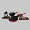 Colorful Kitchen Cookware Set With Frying Pans Wooden Handles Coffee Maker Knives And Cutting Board