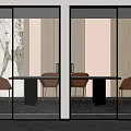 Modern Glass Doors With Vertical Striped And Textured Glass Black Frames Wooden Chairs
