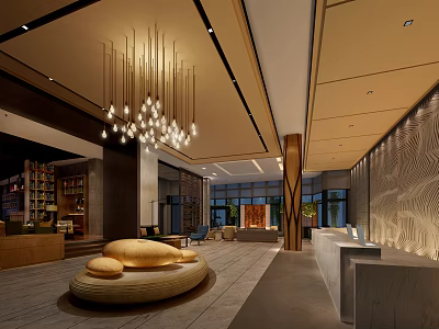 Elegant Hotel Lobby Interior With Chandelier Reception Desk And Decorative Wall 3d model