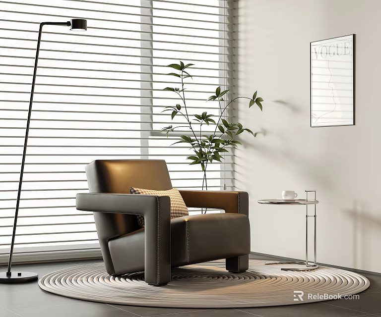 Modern Leather Single Sofa With Floor Lamp Potted Plant And Side Table 3d model