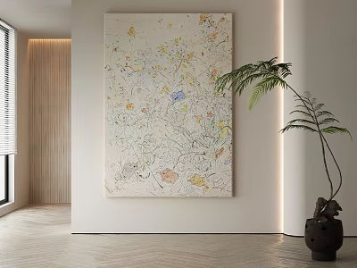 Abstract Painting With Colorful Patterns In Modern Living Room On Light Wall And Wooden Floor 3d model