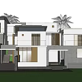 Modern Duplex Villa Exterior Design With Balcony Glass Windows And Palm Trees