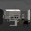 Modern Kitchen Interior With Dark Cabinets Island Counter Dining Table And Large Window 3d model