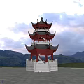Ancient Chinese Multi Tiered Tower With Red Wooden Pillars Black Tiled Roof And Mountain Backdrop
