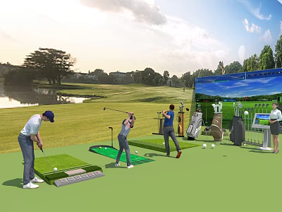 Two People Practicing Golf On Outdoor Grass Field With Lake Trees Large Screen And Equipment 3d model