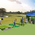 Two People Practicing Golf On Outdoor Grass Field With Lake Trees Large Screen And Equipment