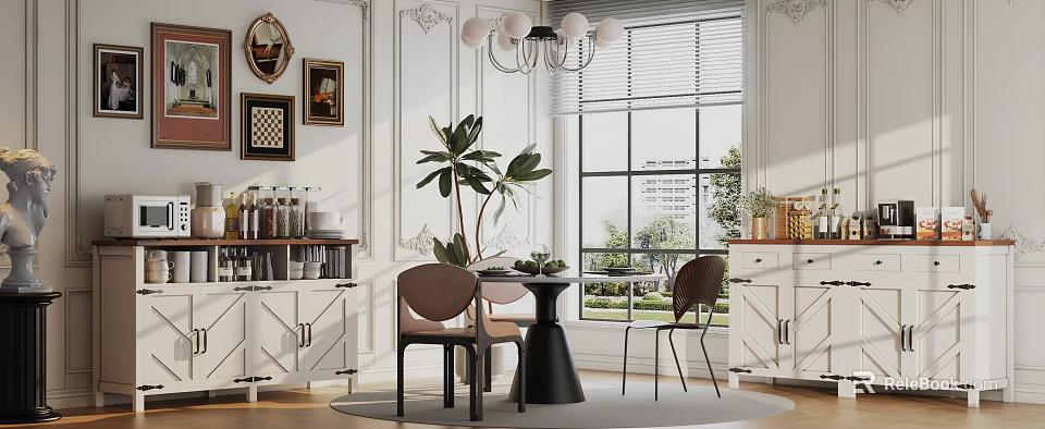Elegant Bright French Style Dining And Living Room Interior With Comfortable Furniture And Spacious Windows 3d model 