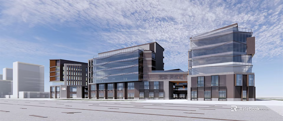 Modern Commercial Street Featuring Glass Curtain Walls Multi Story Buildings And Spacious Entrance Square 3d model 