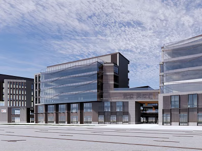 Modern Commercial Street Featuring Glass Curtain Walls Multi Story Buildings And Spacious Entrance Square 3d model