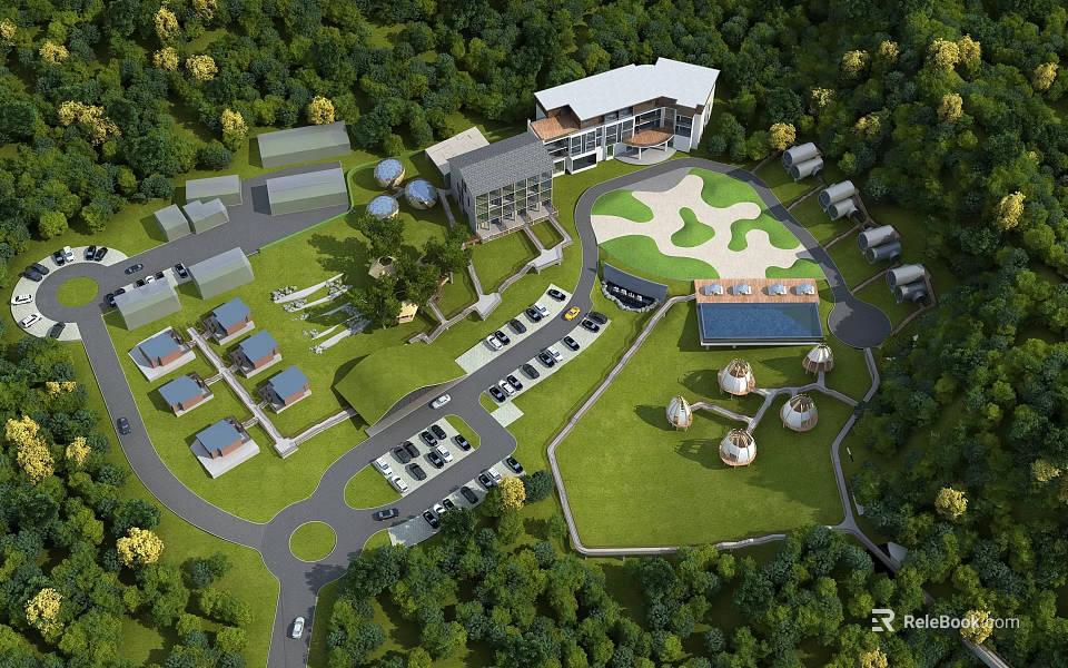 Aerial View Plan of Comprehensive Development with Buildings Green Spaces Parking Lots and Trees 3d model 