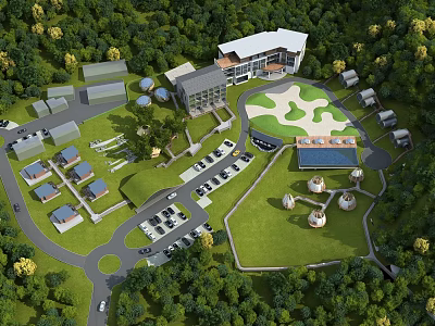 Aerial View Plan of Comprehensive Development with Buildings Green Spaces Parking Lots and Trees 3d model