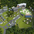 Aerial View Plan of Comprehensive Development with Buildings Green Spaces Parking Lots and Trees