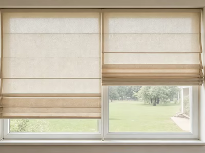 Beige Roman Blinds On Double Windows With Green Lawn And Trees View 3d model