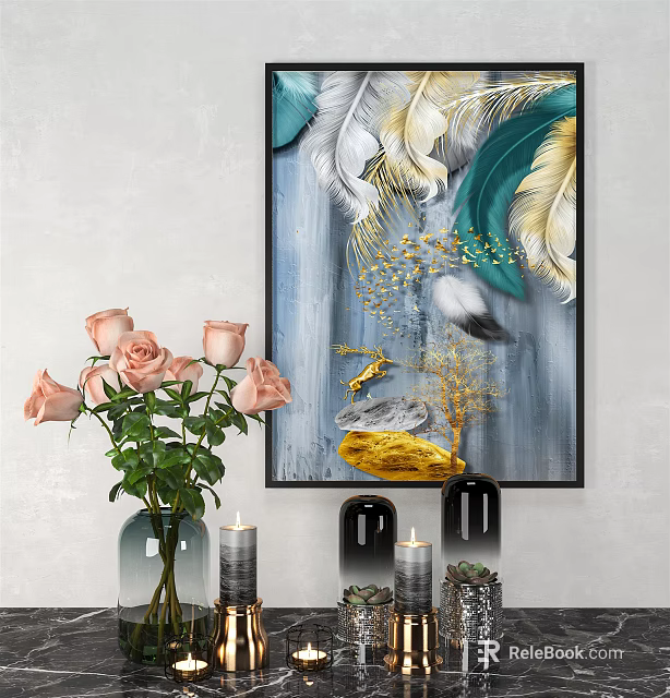 Home Interior Decor With Feather Bird Painting Pink Roses Vase And Candles 3d model 