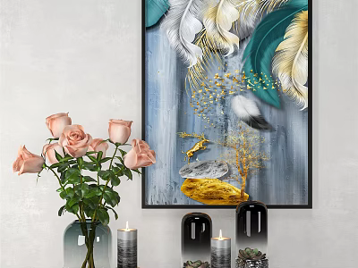 Home Interior Decor With Feather Bird Painting Pink Roses Vase And Candles 3d model